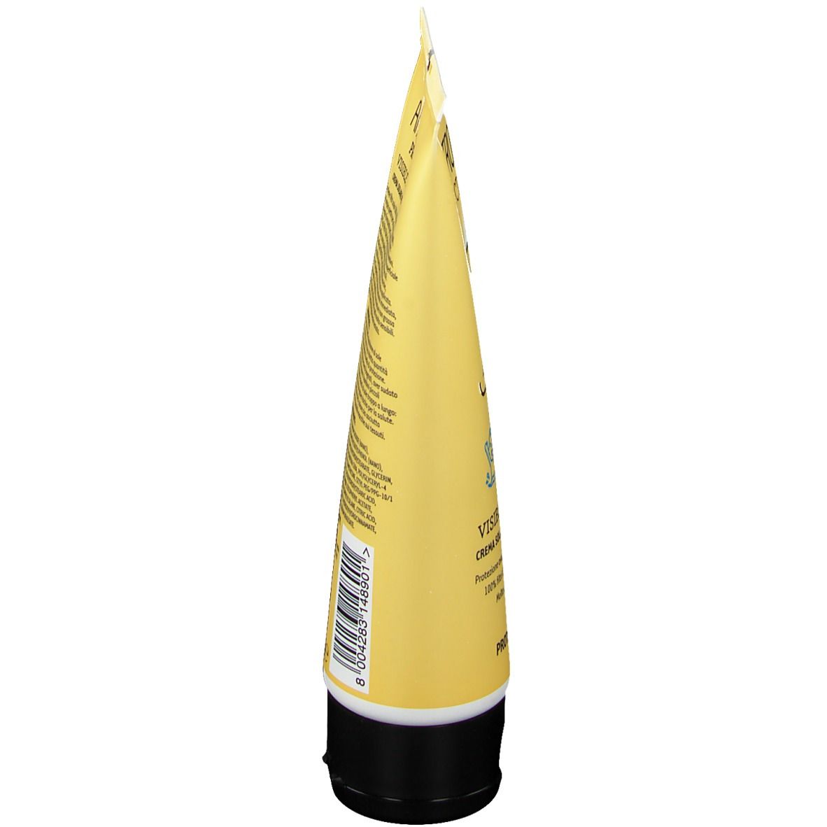 Gelbe Tube, Seitenansicht. Schwarzer Deckel. Text auf der Tube. Produktname nicht lesbar.