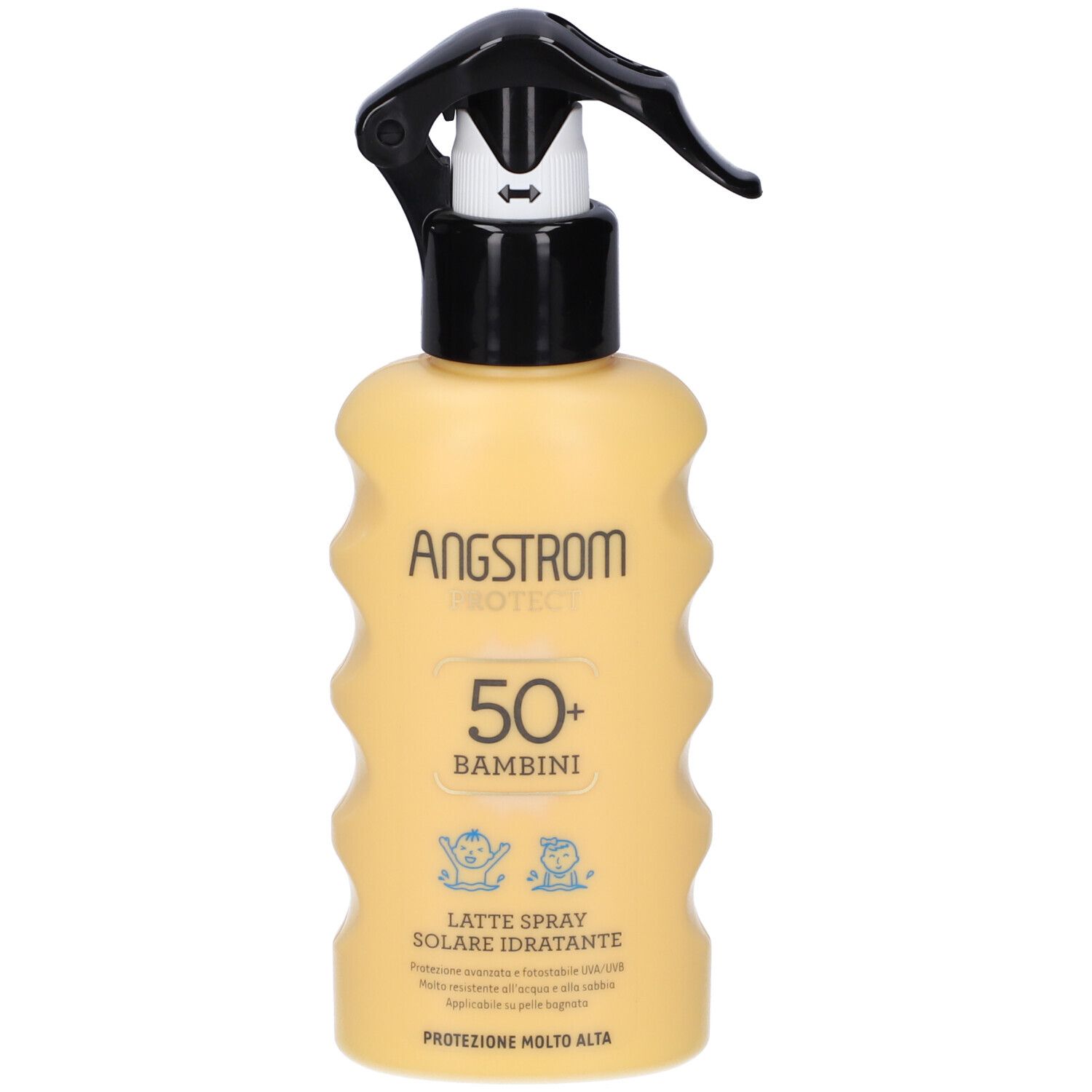 Sonnenmilch-Spray für Kinder. Gelbe Flasche mit schwarzem Sprühkopf. Aufschrift: ANGSTROM PROTECT 50+ BAMBINI.
