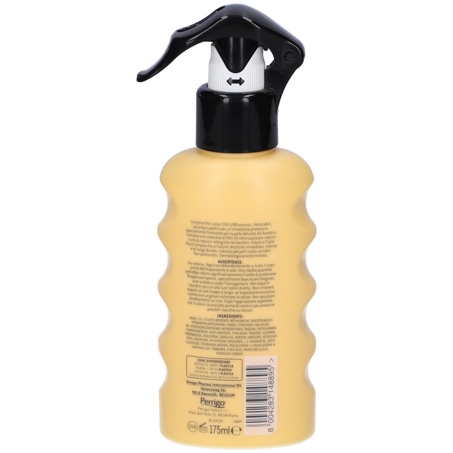 Rückseite der Sonnenmilch-Spray-Flasche. Gelbe Flasche mit schwarzem Sprühkopf. Text und Inhaltsstoffe.