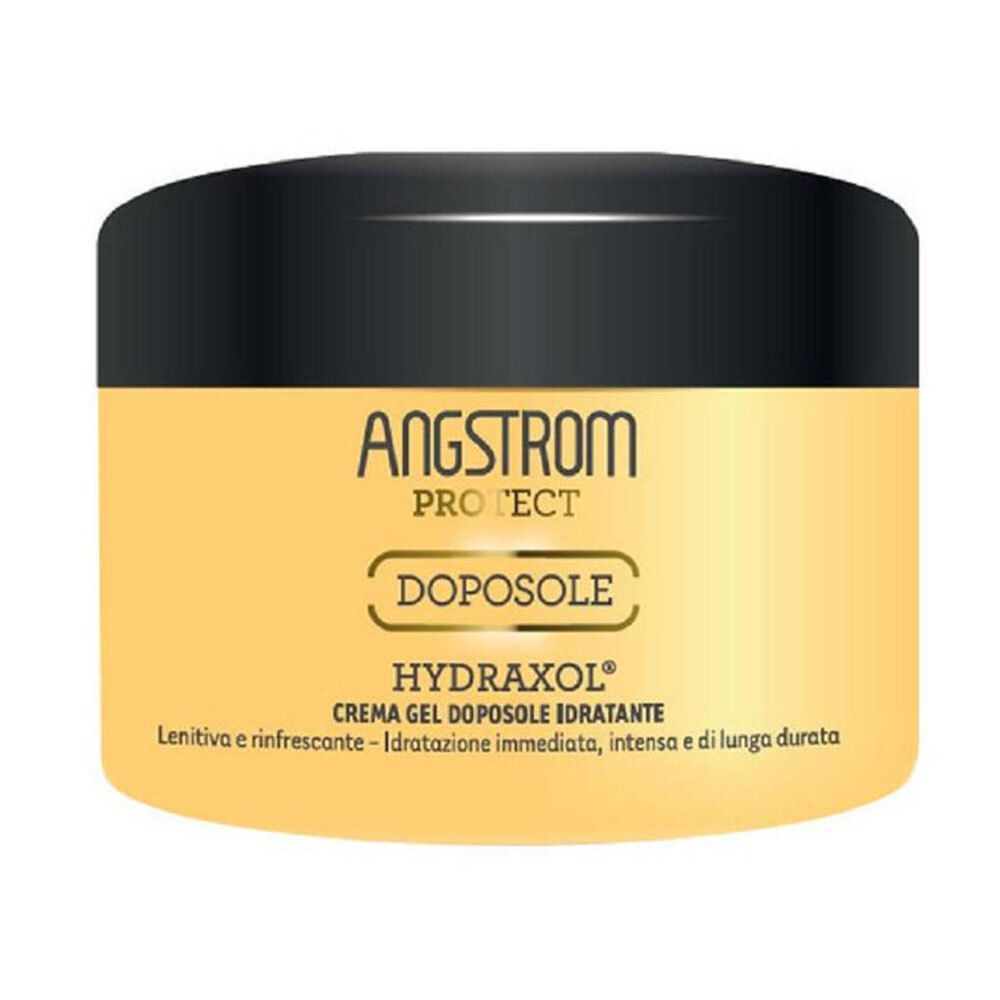 Behälter mit schwarzem Deckel und gelbem Etikett. Aufschrift: ANGSTROM PROTECT, DOPOSOLE, HYDRAXOL. Text: CREMA GEL DOPOSOLE IDRATANTE.