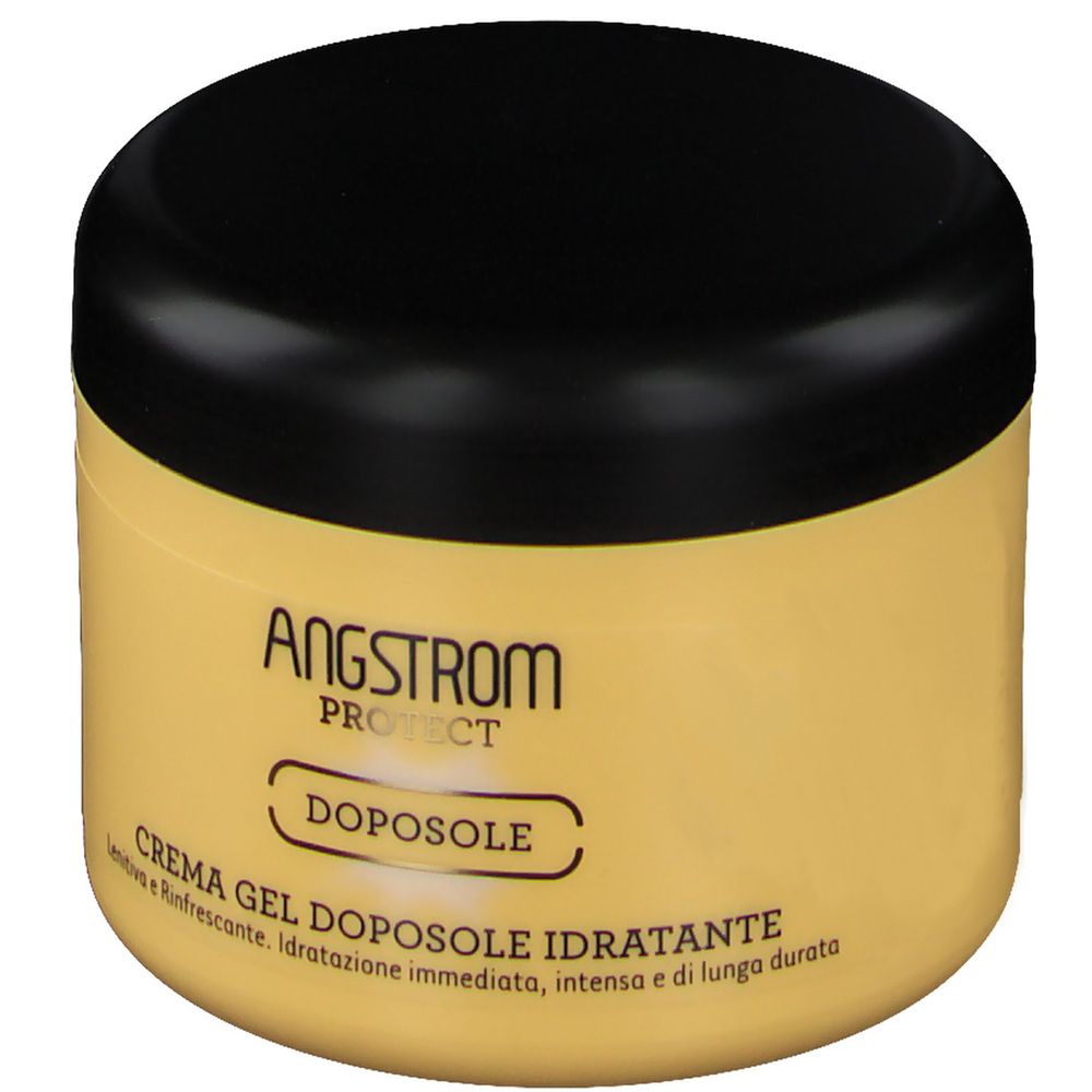 Runder Behälter mit schwarzem Deckel und gelbem Etikett. Aufschrift: ANGSTROM PROTECT, DOPOSOLE. Text: CREMA GEL DOPOSOLE IDRATANTE.