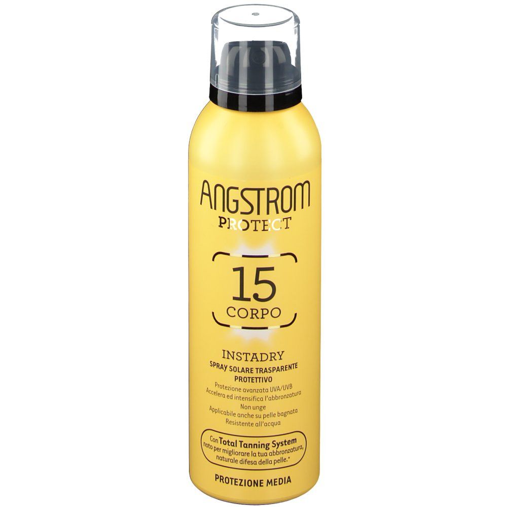 Flacon spray jaune avec bouchon noir. Inscriptions : Angstrom Protect, 15, Instadry Spray Solare Trasparente Protettivo.