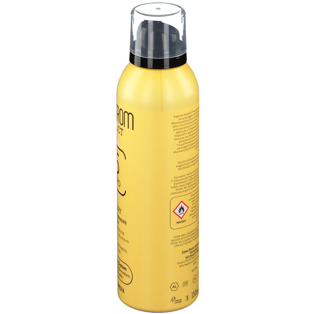 Flacon spray jaune avec bouchon noir. Texte et pictogrammes au dos. Indication de 150 ml.