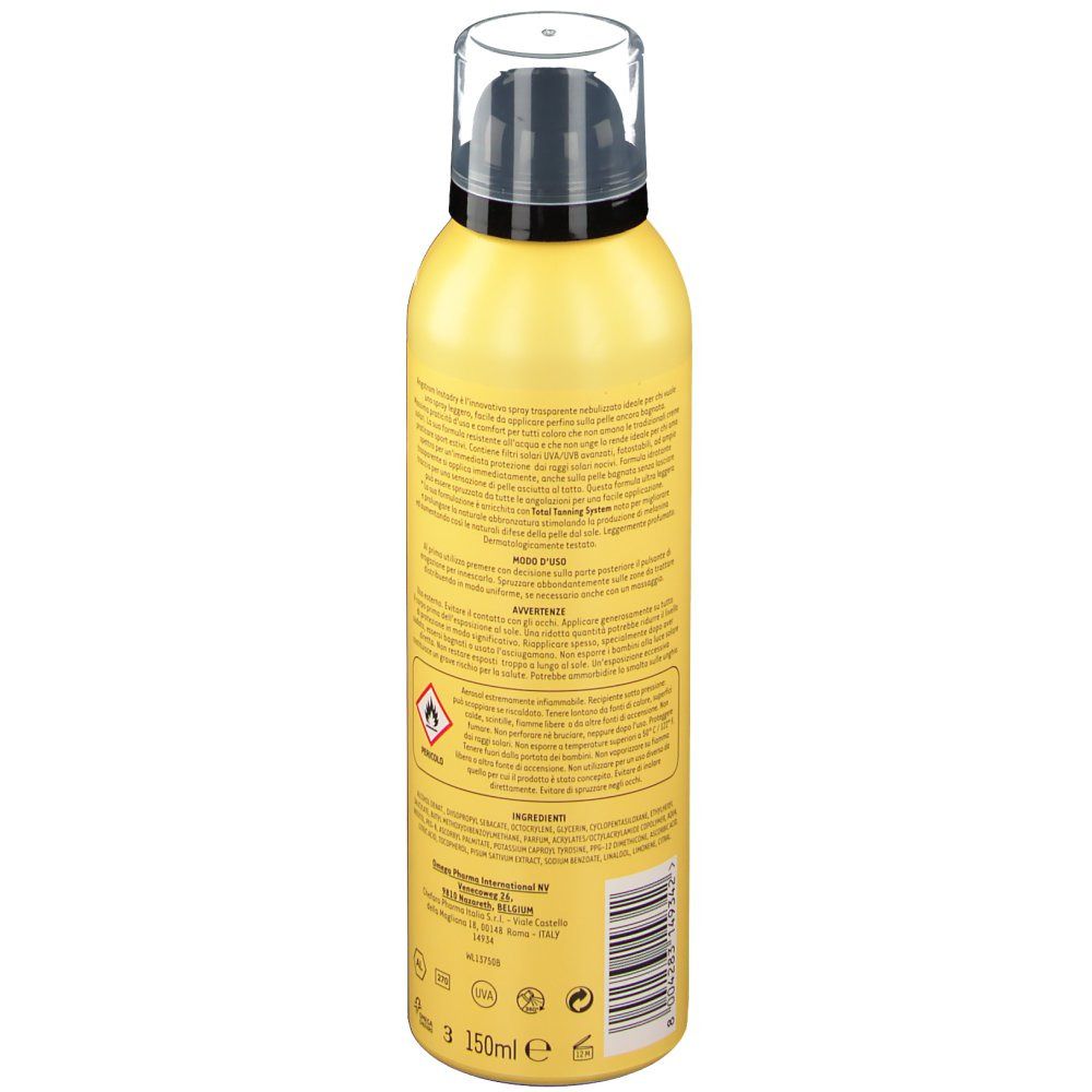 Flacon spray jaune avec bouchon noir. Dos avec texte, avertissements et code-barres. Indication de 150 ml.