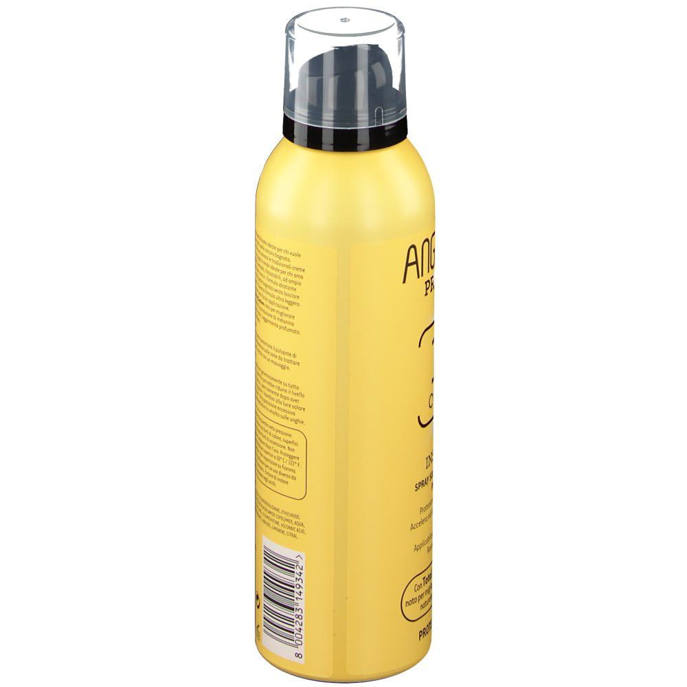 Flacon spray jaune avec bouchon noir. Dos avec texte et code-barres. Indication de 150 ml.