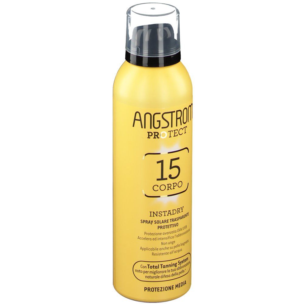 Flacon spray jaune avec bouchon noir. Inscriptions : Angstrom Protect, 15, Instadry Spray Solare Trasparente Protettivo.