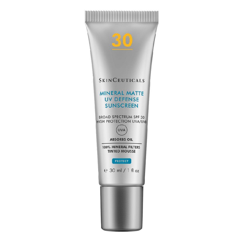 Tube argentée de crème solaire. Inscription: SkinCeuticals Mineral Matte UV Defense Sunscreen SPF 30. 30 ml.