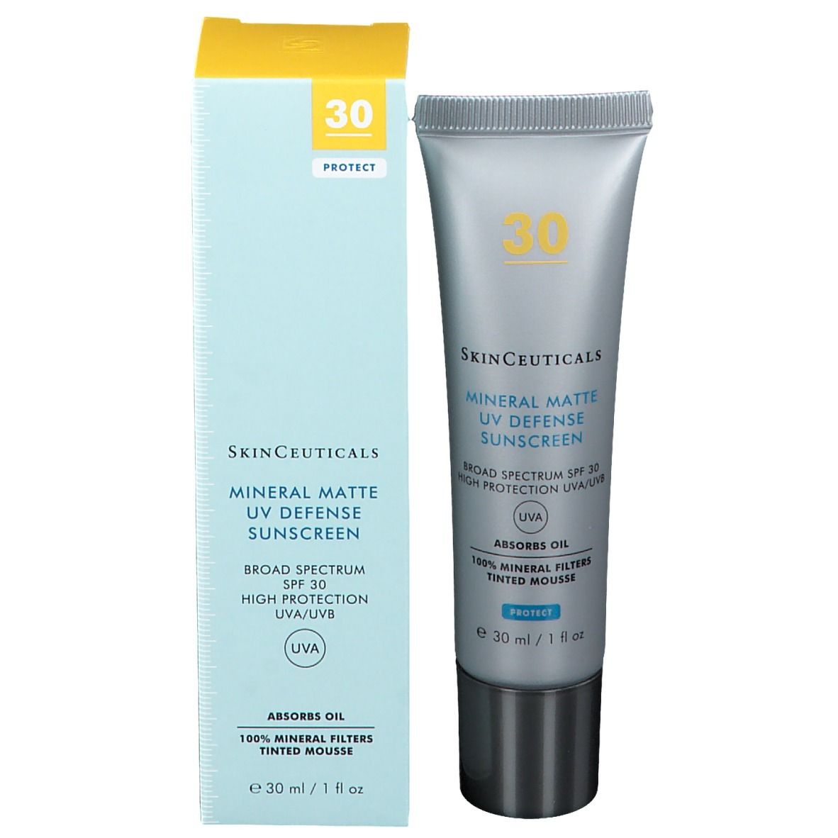 Emballage du produit avec tube et boîte. Inscription: SkinCeuticals Mineral Matte UV Defense Sunscreen SPF 30. 30 ml.