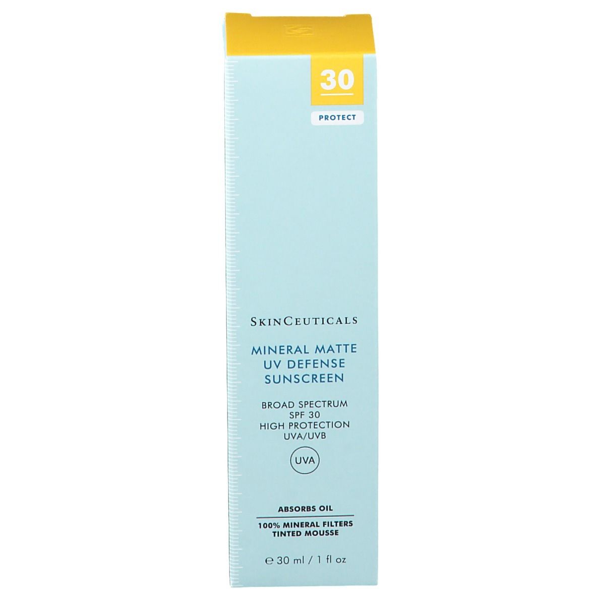 Boîte bleue avec couvercle jaune. Inscription: SkinCeuticals Mineral Matte UV Defense Sunscreen SPF 30. 30 ml.