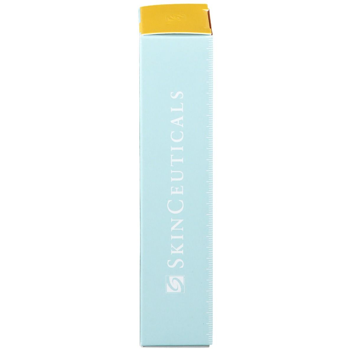 Boîte bleue avec couvercle jaune. Inscription: SkinCeuticals.