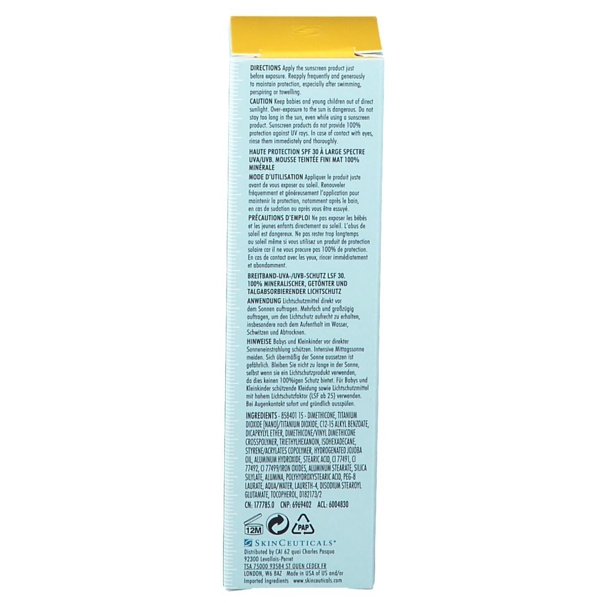 Dos de la boîte avec texte multilingue. Contient des informations sur le produit et les ingrédients.
