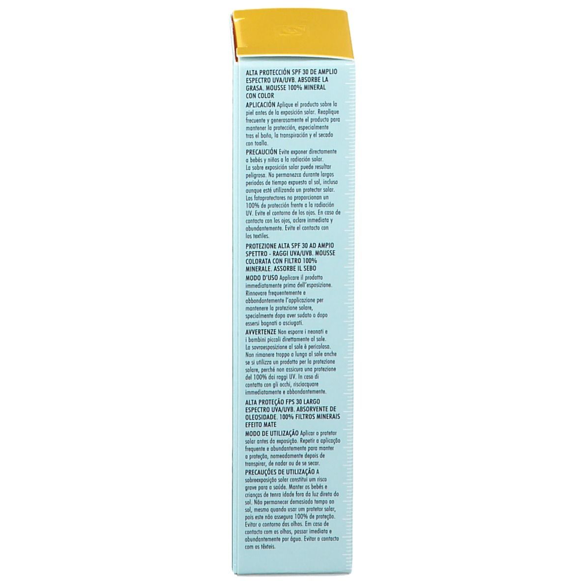 Dos de la boîte avec texte multilingue. Contient des informations sur le produit et les ingrédients.