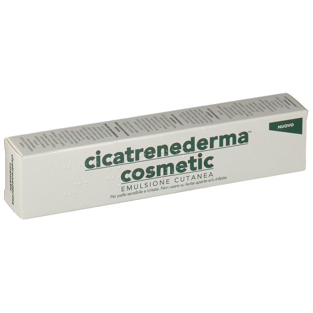 Weiße Faltschachtel mit grüner Schrift. Aufschrift: Cicatrenederma cosmetic, Emulsione cutanea. Auf der Ecke: Nuovo.