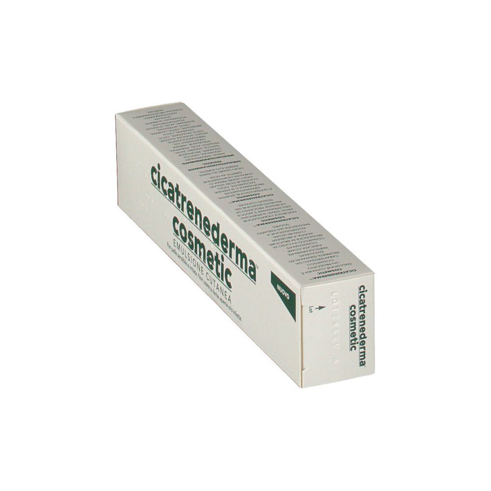 Weiße Faltschachtel mit grüner Schrift. Aufschrift: Cicatrenederma cosmetic, Emulsione cutanea. Auf der Ecke: Nuovo.