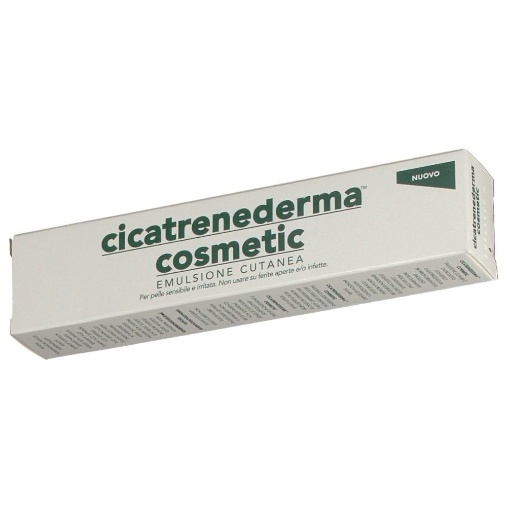 Weiße Faltschachtel mit grüner Schrift. Aufschrift: Cicatrenederma cosmetic, Emulsione cutanea. Auf der Ecke: Nuovo.
