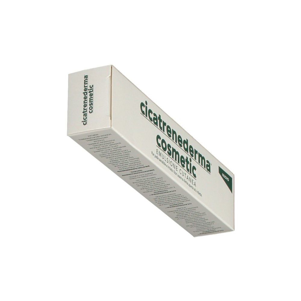 Weiße Faltschachtel mit grüner Schrift. Aufschrift: Cicatrenederma cosmetic, Emulsione cutanea. Auf der Ecke: Nuovo.