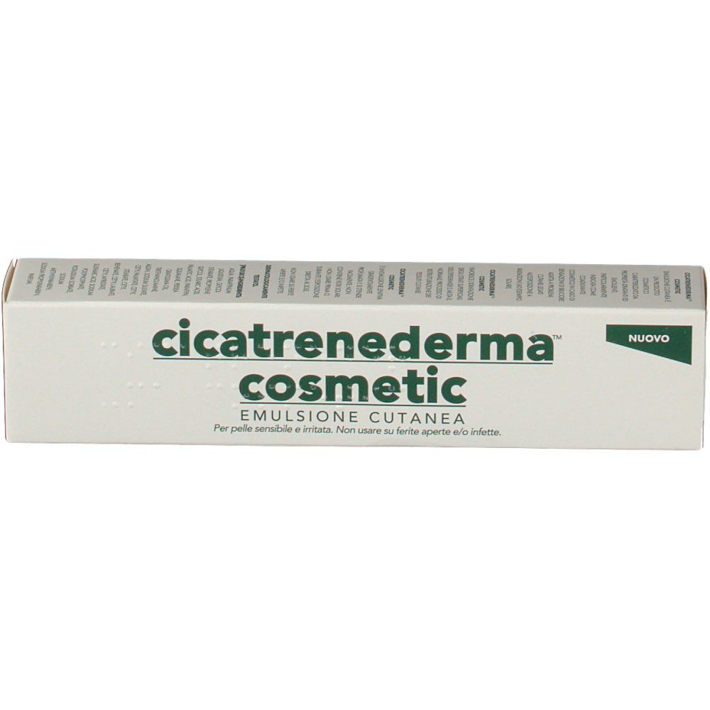 Weiße Faltschachtel mit grüner Schrift. Aufschrift: Cicatrenederma cosmetic, Emulsione cutanea. Auf der Ecke: Nuovo.
