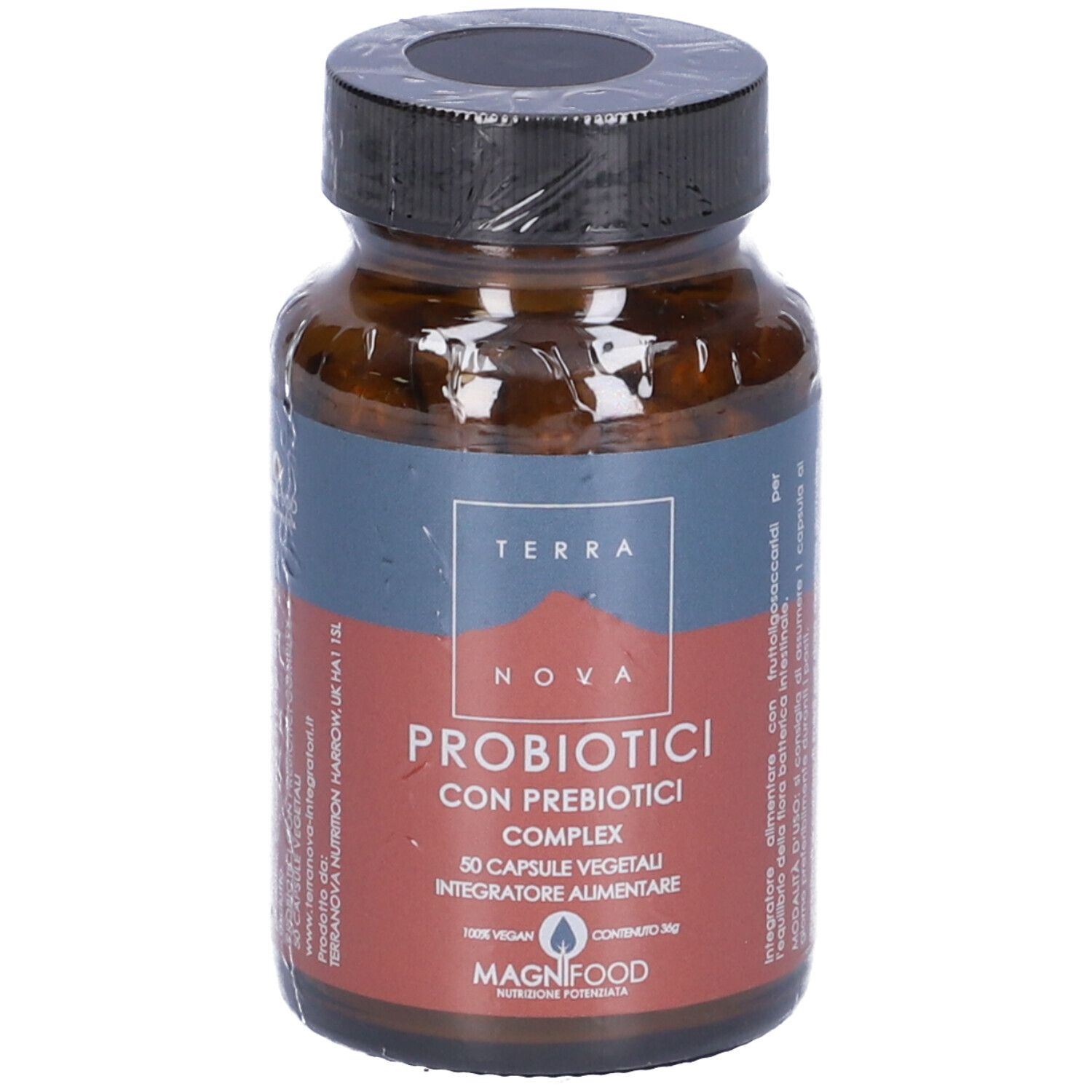 Braune Glasflasche mit schwarzem Deckel, in Folie verpackt. Etikett mit Produktinformationen.