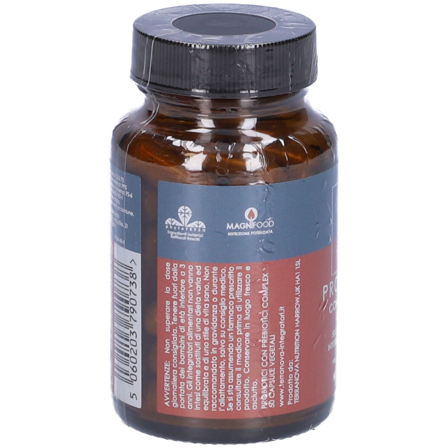 Braune Glasflasche mit schwarzem Deckel, in Folie verpackt. Etikett mit Text und Logo.