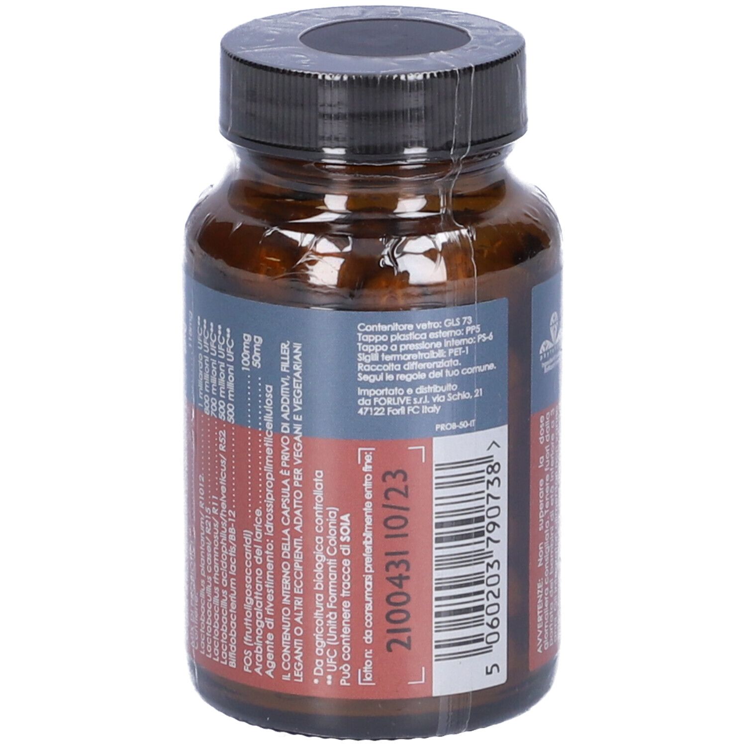 Braune Glasflasche mit schwarzem Deckel, in Folie verpackt. Etikett mit Text und Verfallsdatum.