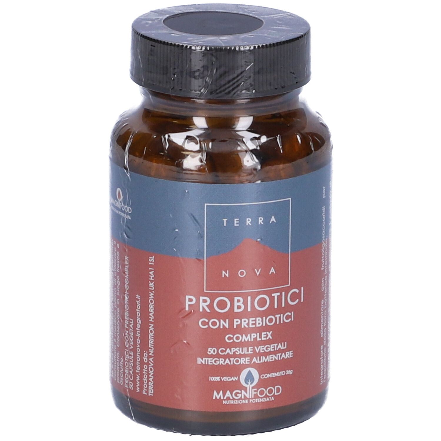 Braune Glasflasche mit schwarzem Deckel, in Folie verpackt. Etikett mit Produktnamen und Marke.