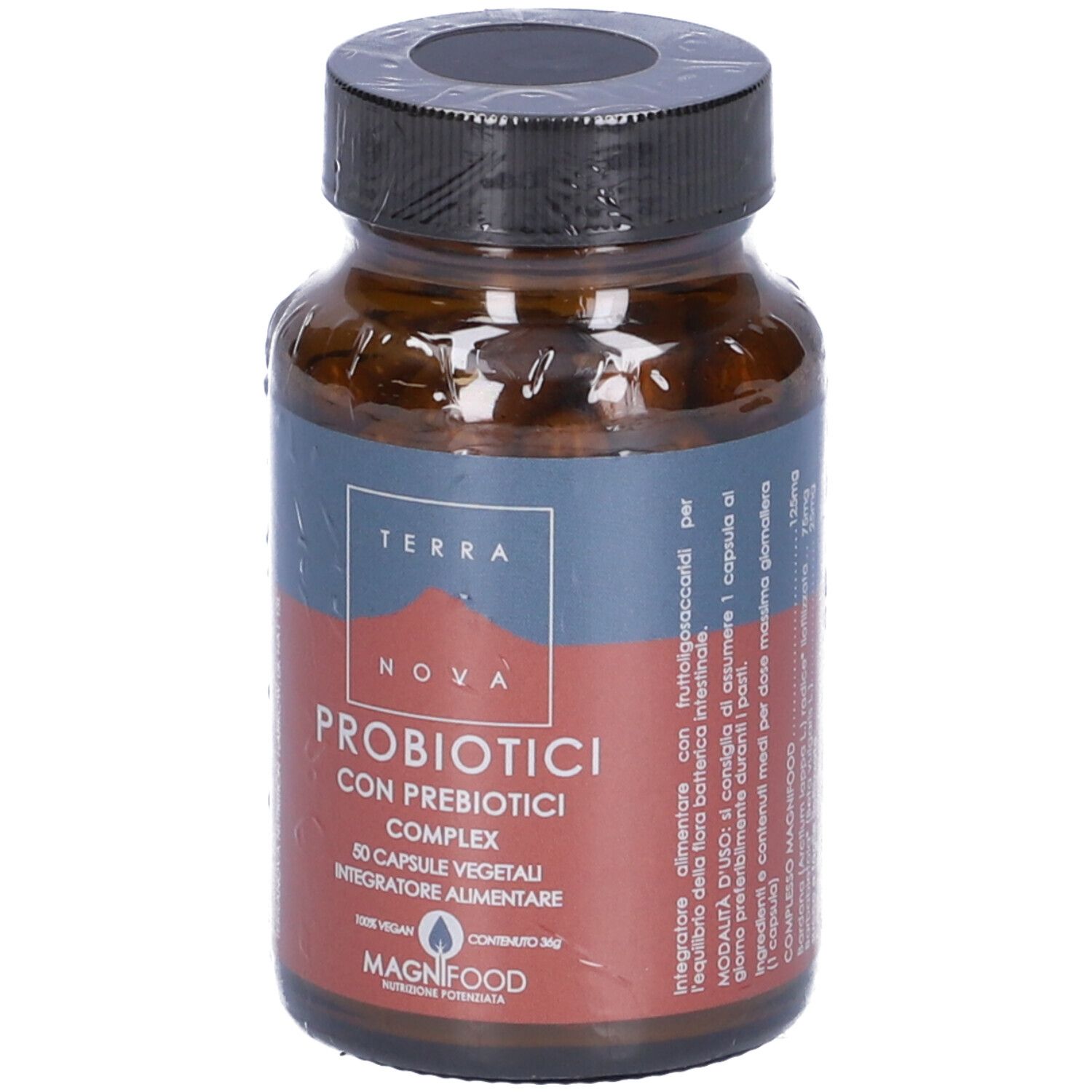 Braune Glasflasche mit schwarzem Deckel, in Folie verpackt. Etikett mit Produktinformationen.