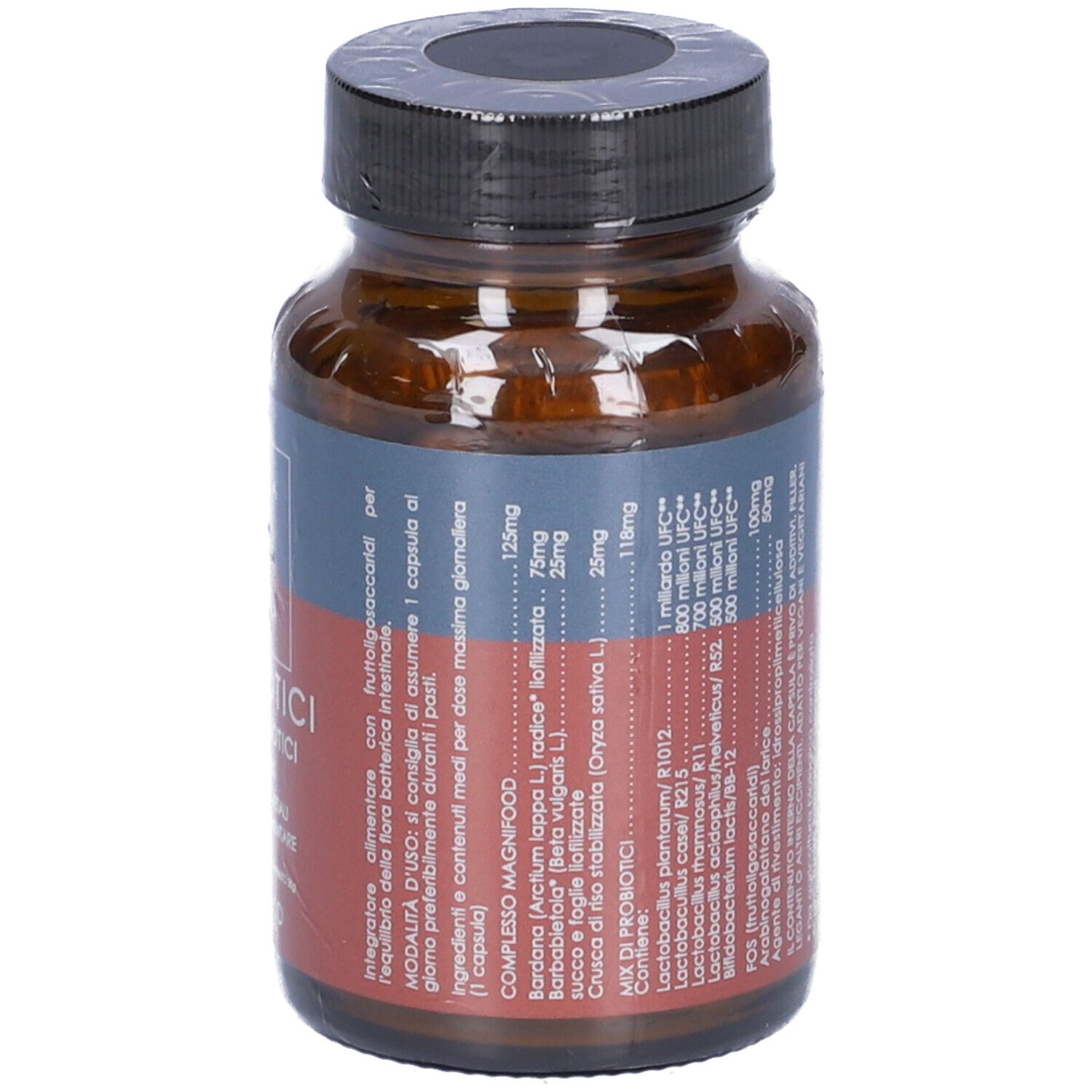 Braune Glasflasche mit schwarzem Deckel. Etikett mit Inhaltsstoffen und Dosierung.