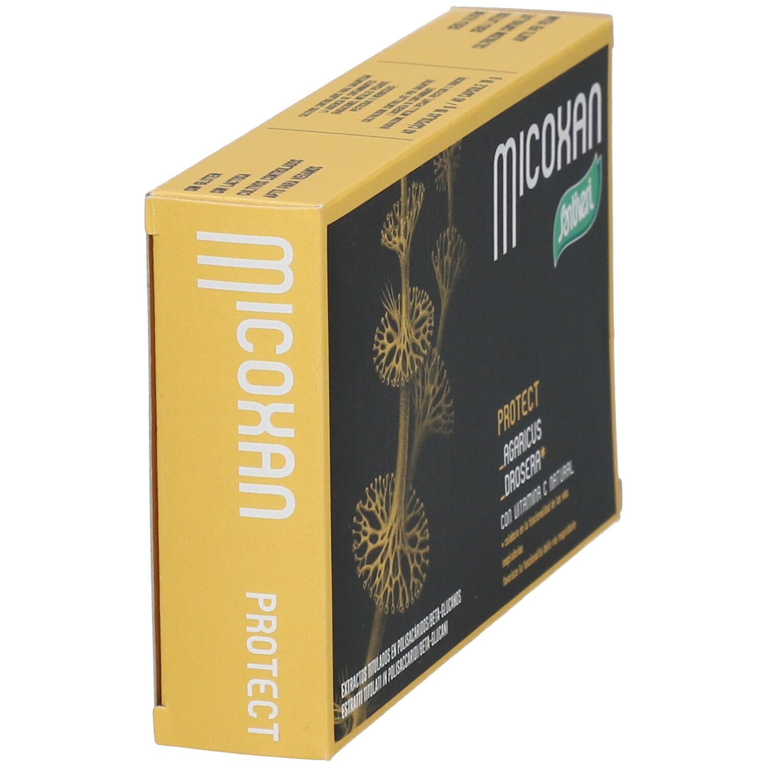 Boîte avec nom Micoxan et logo Santiveri. Couleurs jaune et noir. Désignation du produit 'PROTECT'.