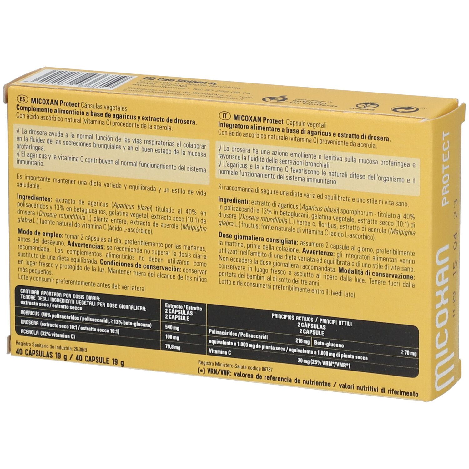 Dos de la boîte avec informations produit. Fond jaune avec texte multilingue. Nom du produit Micoxan.