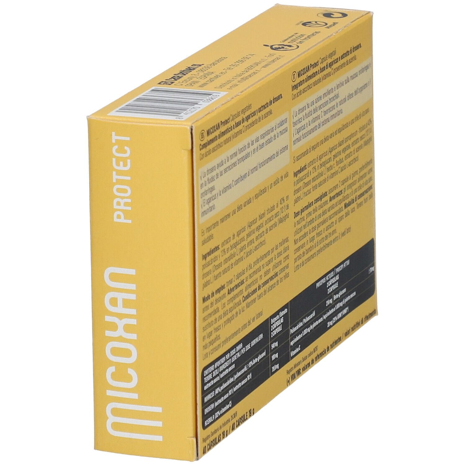 Boîte avec nom Micoxan et logo Santiveri. Couleurs jaune et noir. Désignation du produit 'PROTECT'.