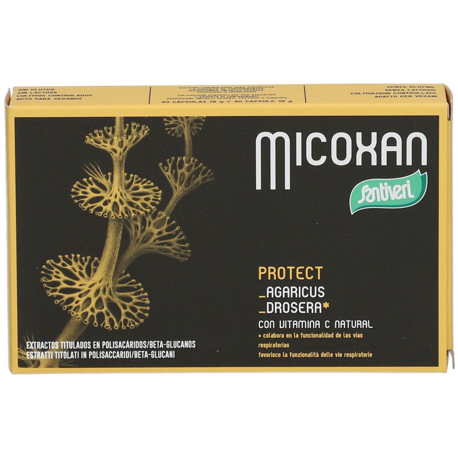 Boîte jaune avec nom Micoxan et logo Santiveri. Fond noir avec noms de produits et illustrations.