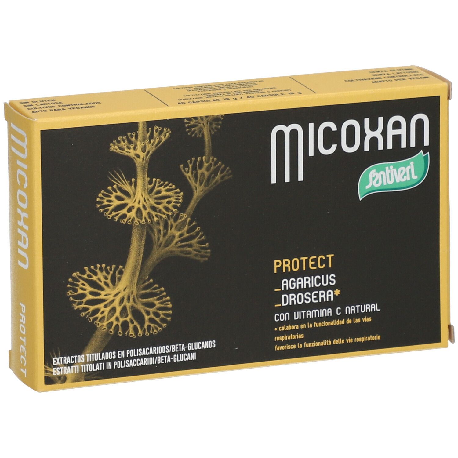 Boîte jaune avec nom Micoxan et logo Santiveri. Fond noir avec noms de produits et illustrations.