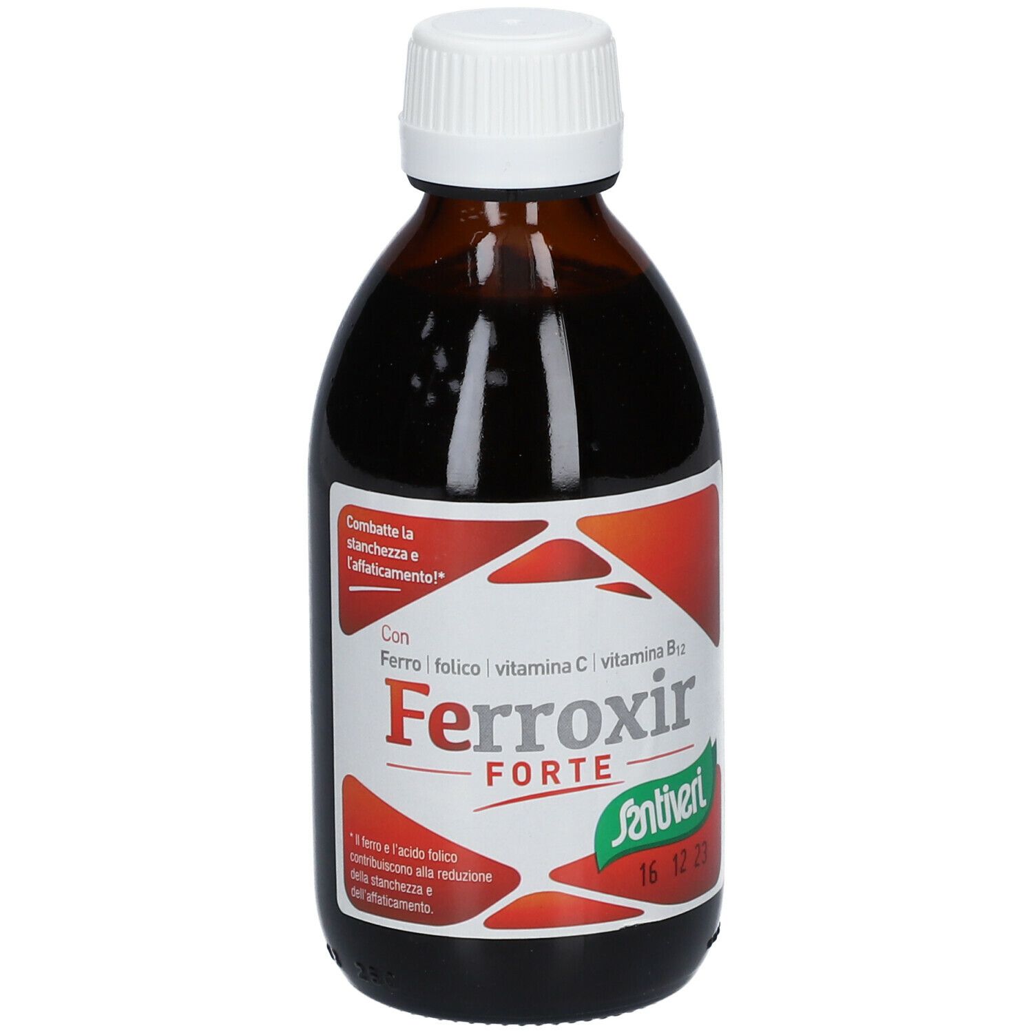 Flacon en verre brun avec bouchon blanc. Étiquette avec nom du produit Ferroxir Forte et logo Santiveri.