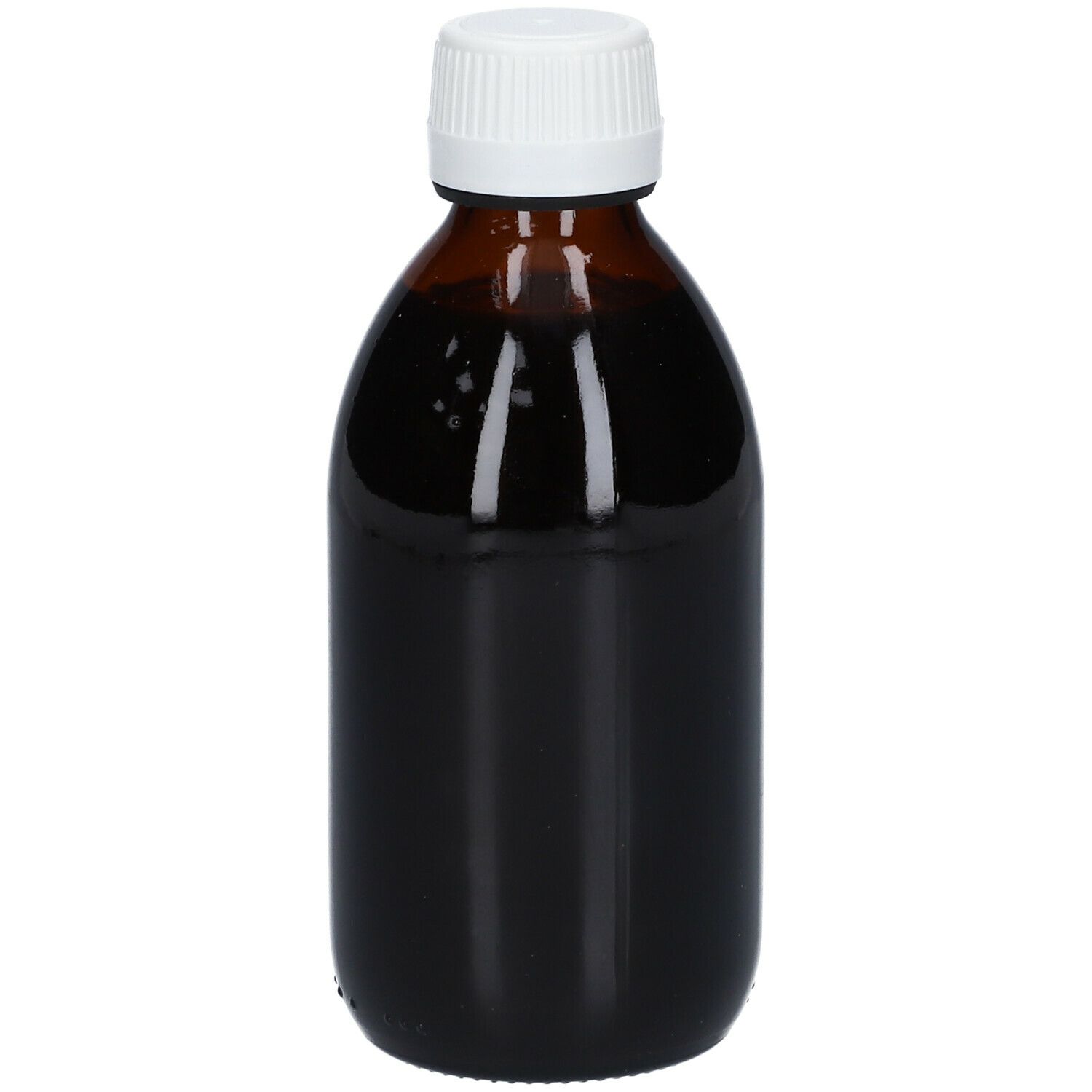 Flacon en verre brun avec bouchon blanc. Liquide brun foncé. Aucune étiquette visible.