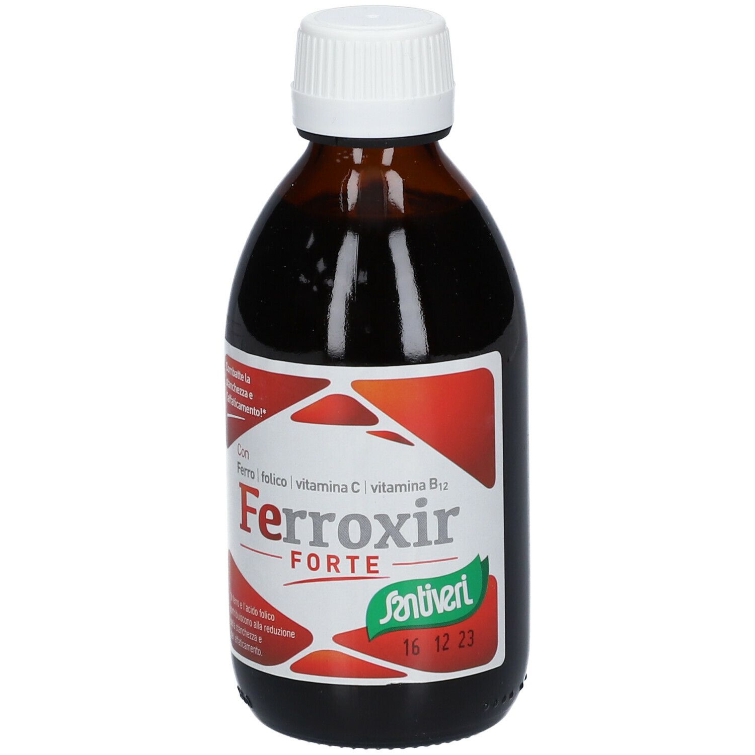 Flacon en verre brun avec bouchon blanc. Étiquette avec nom du produit Ferroxir Forte et logo Santiveri.