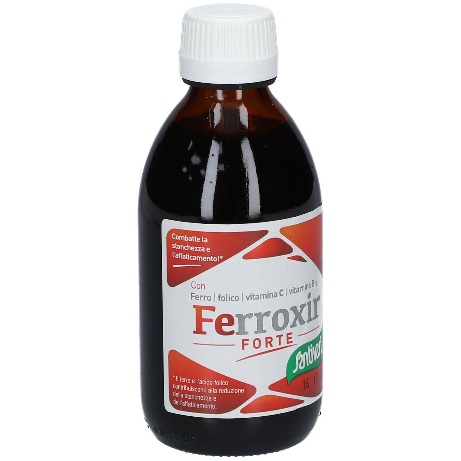 Flacon en verre brun avec bouchon blanc. Étiquette avec nom du produit Ferroxir Forte et logo Santiveri.