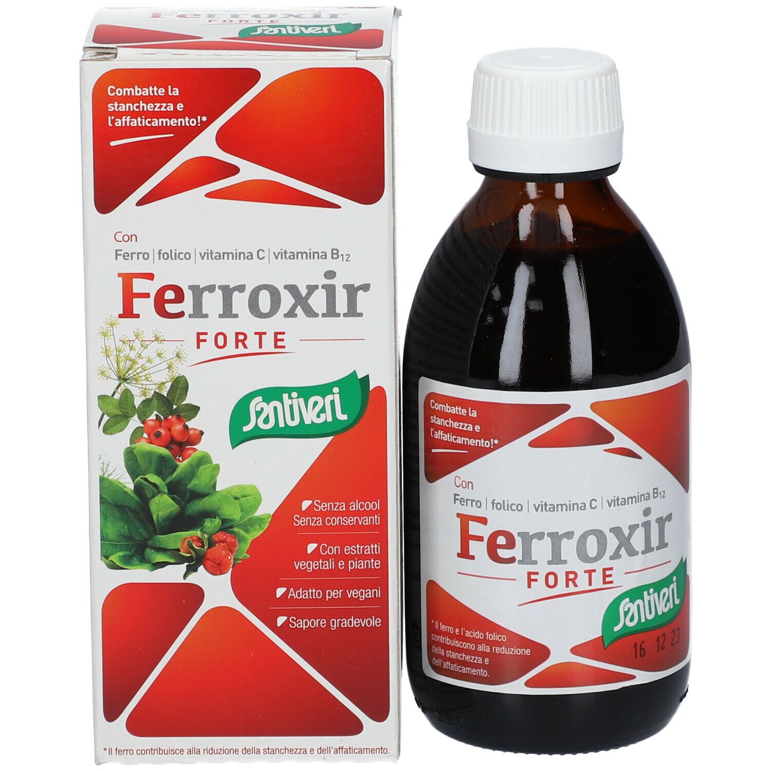 Flacon en verre brun et boîte. Flacon avec bouchon blanc, étiquette Ferroxir Forte. Boîte avec logo et nom du produit.
