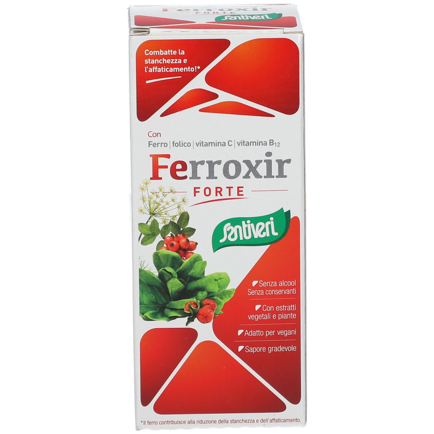 Boîte avec nom du produit Ferroxir Forte et logo Santiveri. Design rouge et blanc. Texte et illustrations.