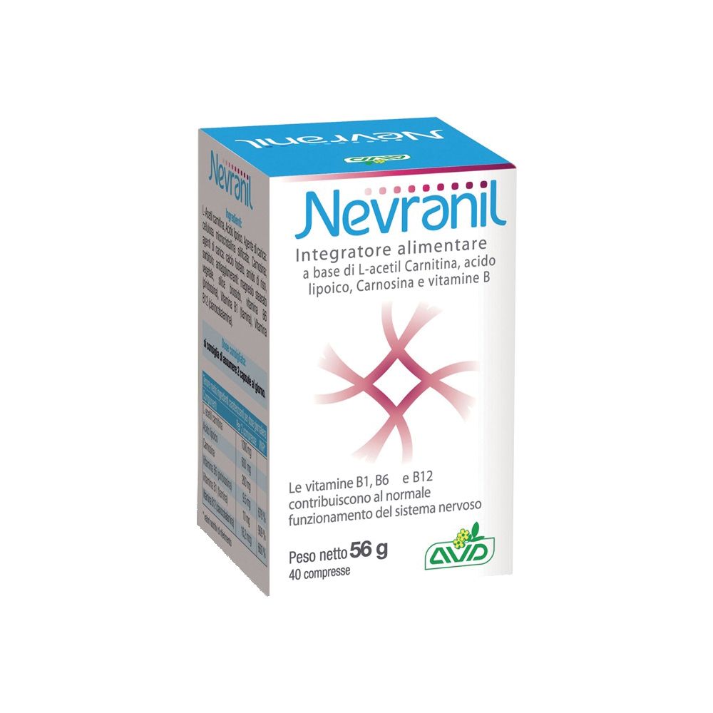 Boîte de Nevranil. Ingrédients : L-acétyl carnitine, acide lipoïque, carnosine, vitamine B. Sans gluten.