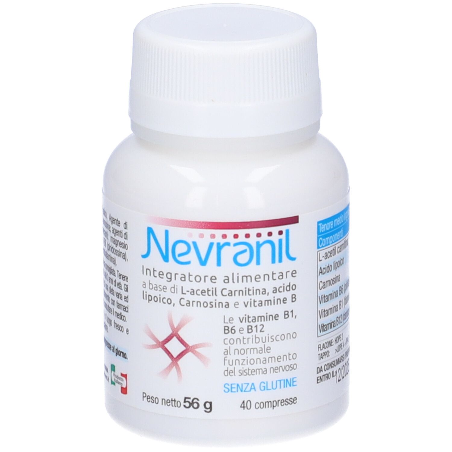 Flacon blanc Nevranil. Contient L-acétyl carnitine, vitamine B. 40 comprimés, 56 g. Sans gluten.