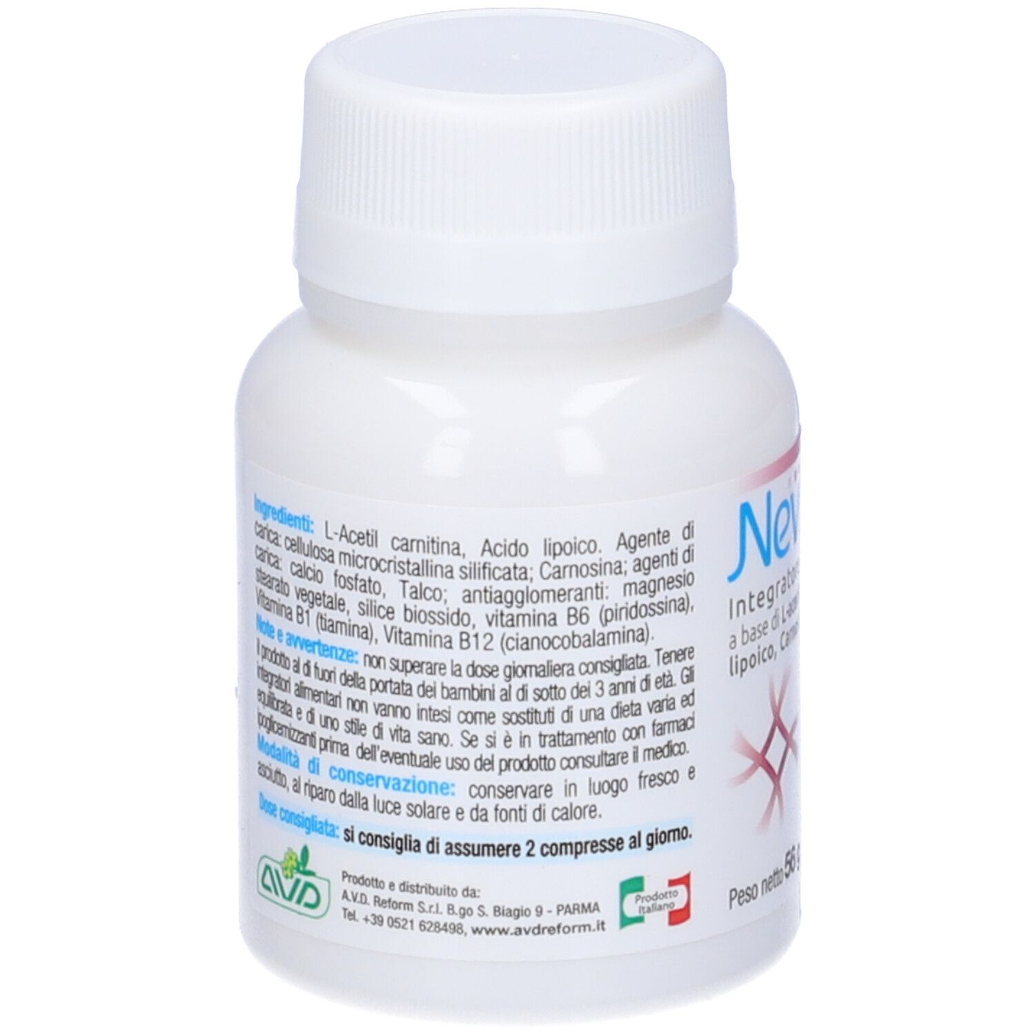 Flacon blanc Nevranil. Ingrédients : L-acétyl carnitine, vitamine B. 40 comprimés, 56 g. Sans gluten.