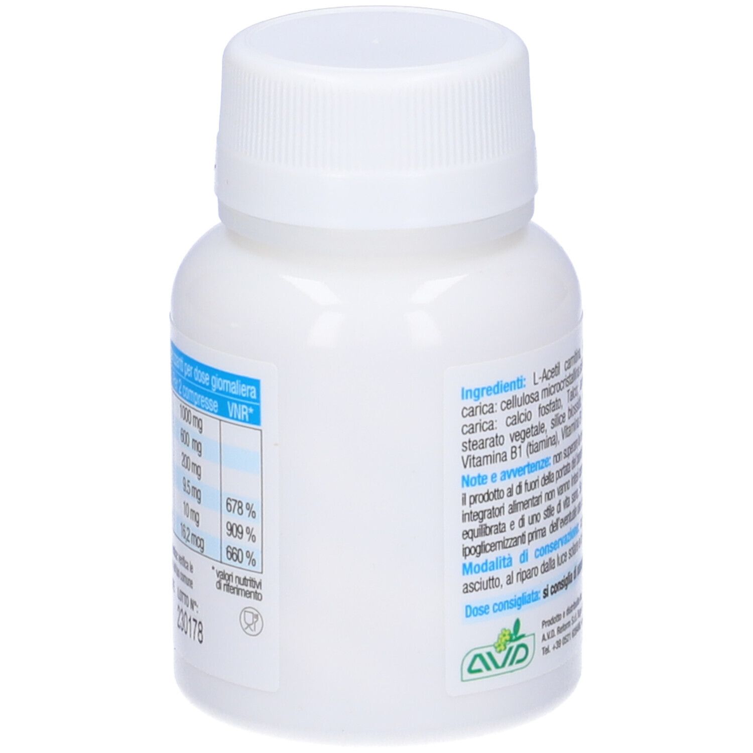 Flacon blanc Nevranil. Contient L-acétyl carnitine, vitamine B. 40 comprimés, 56 g. Sans gluten.