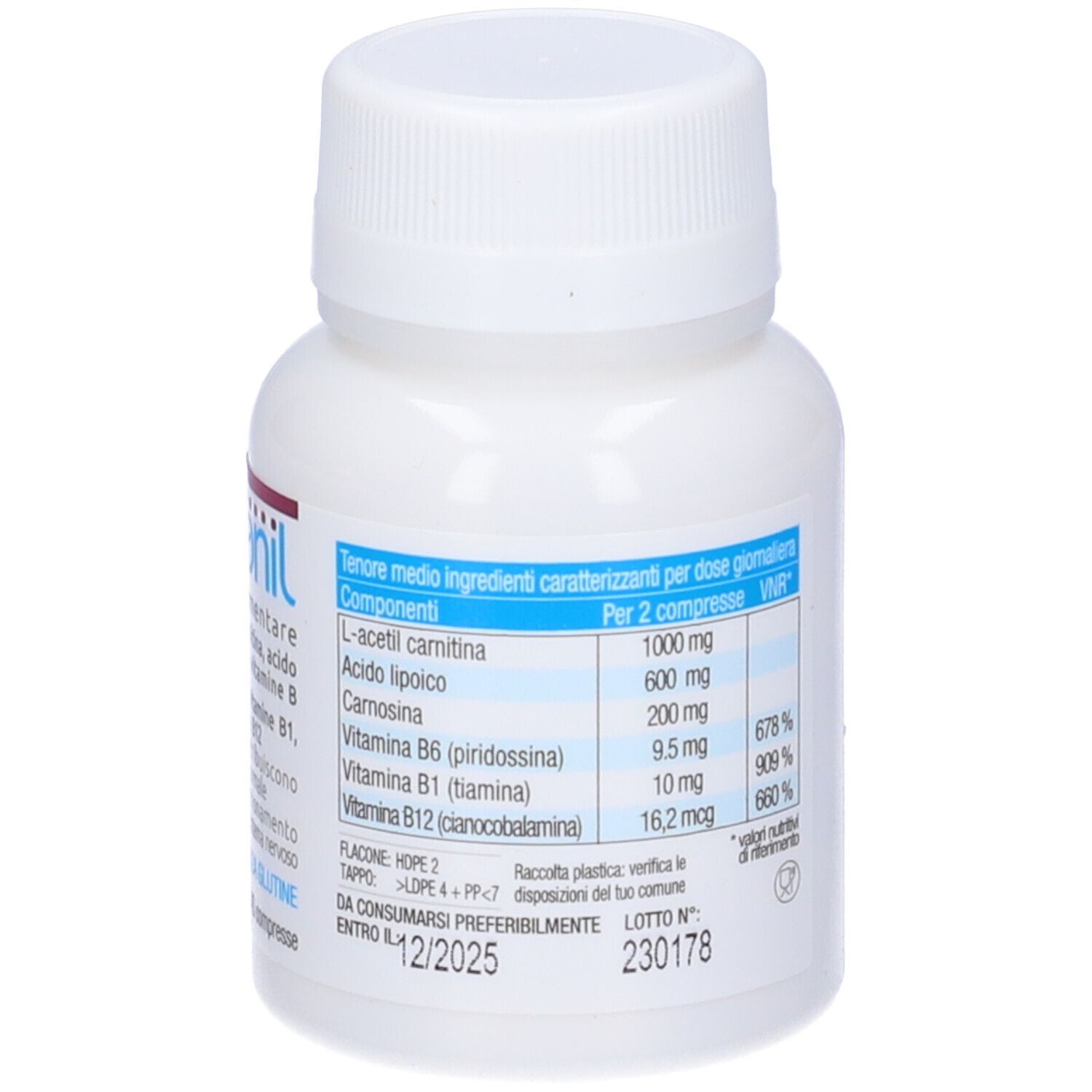 Flacon blanc Nevranil. Contient L-acétyl carnitine, vitamine B. 40 comprimés, 56 g. Sans gluten.