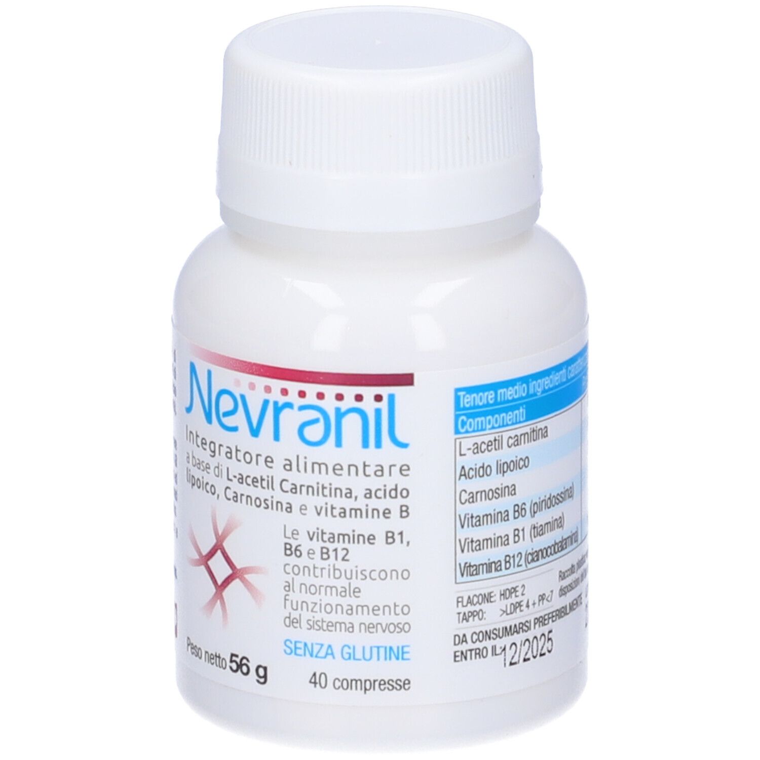 Flacon blanc Nevranil. Contient L-acétyl carnitine, vitamine B. 40 comprimés, 56 g. Sans gluten.