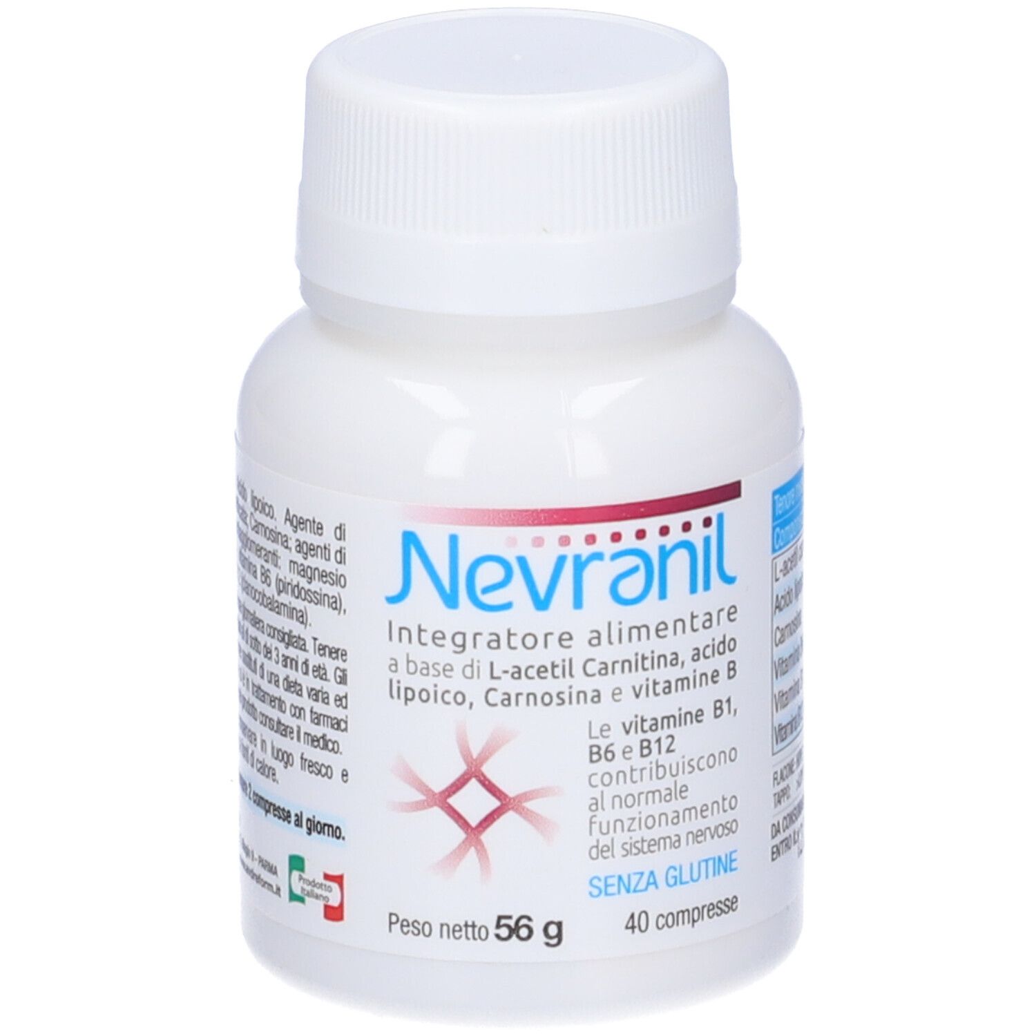 Flacon blanc Nevranil. Contient L-acétyl carnitine, vitamine B. 40 comprimés, 56 g. Sans gluten.