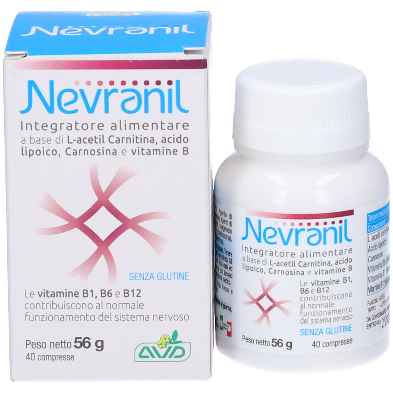 Nevranil, flacon et boîte. Contient L-acétyl carnitine, vitamine B. 40 comprimés, 56 g.