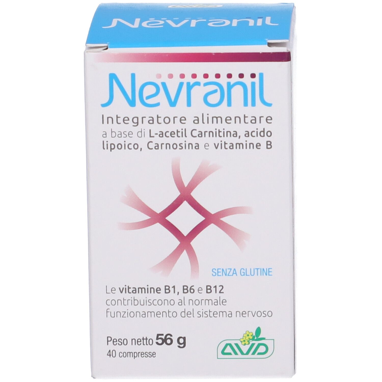 Boîte de Nevranil. Contient L-acétyl carnitine, vitamine B. 40 comprimés, 56 g. Sans gluten.