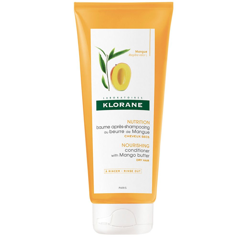 Gelbe Tube mit KLORANE-Logo, Mangobild und Text. Enthält Spülung mit Mangobutter für trockenes Haar.