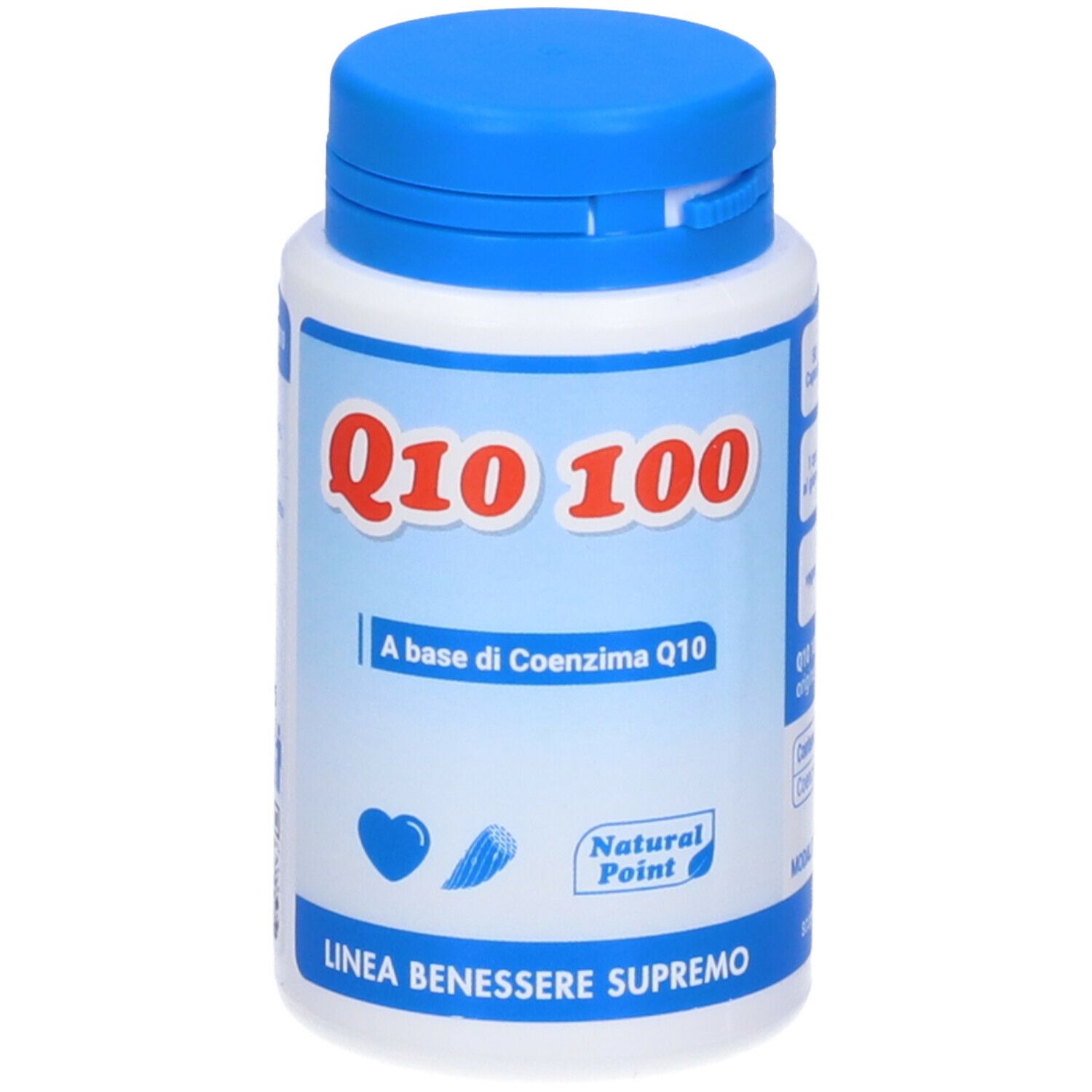Weiße Flasche mit blauem Deckel. Aufschrift Q10 100. Zusatz: A base di Coenzima Q10. Natural Point Logo.
