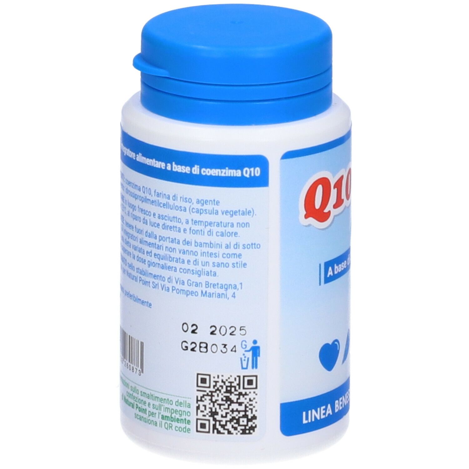 Rückseite der Flasche. Text über Inhaltsstoffe und Anwendung. QR-Code und Verfallsdatum 02 2025.